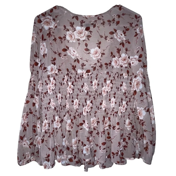 American Eagle Sheer Smocked Babydoll Top Size Small Blush Floral Boho Preppy - Picture 2 of 7